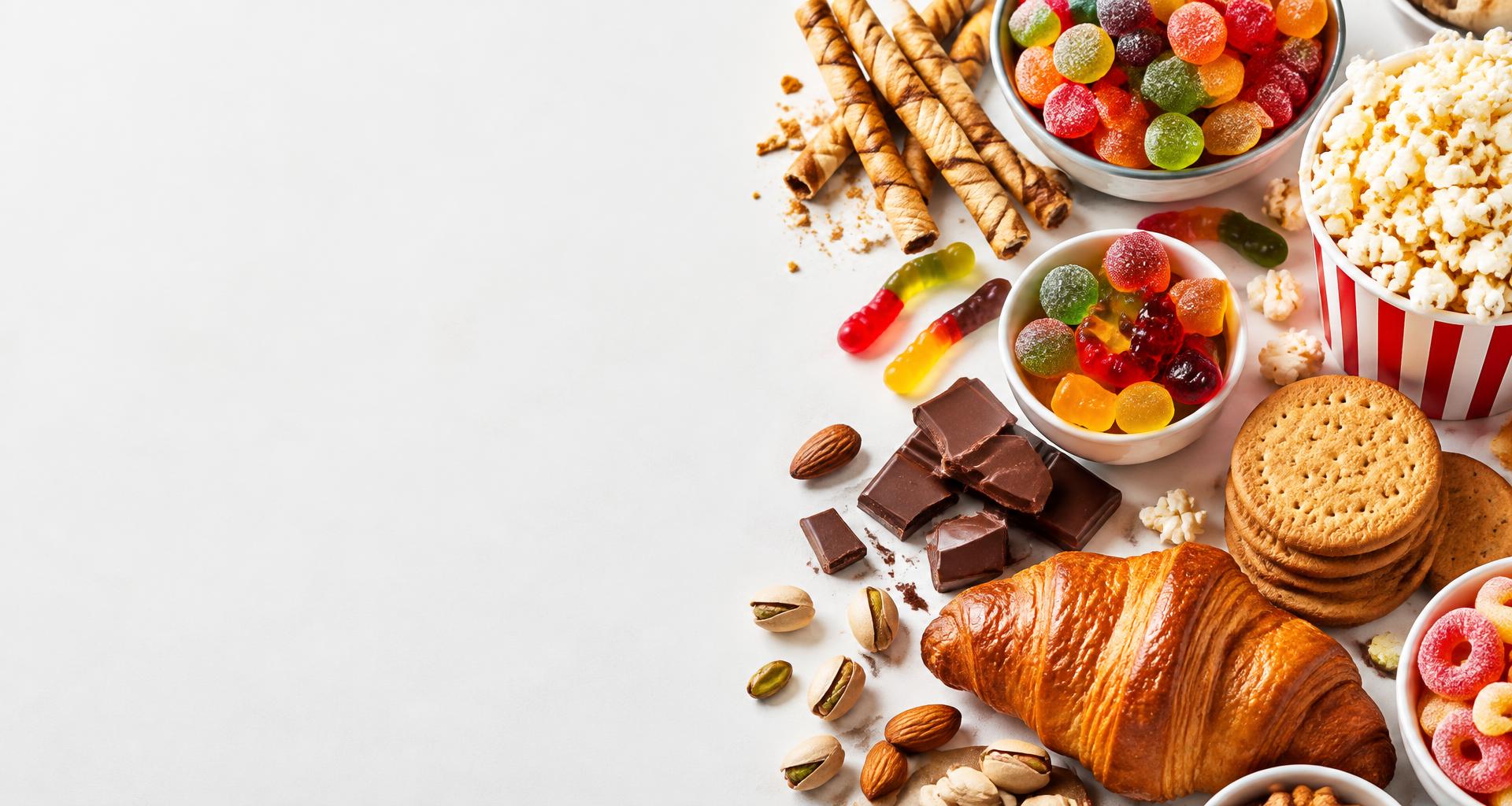 A colourful selection of sweets, popcorn, chocolate, biscuits and pastries